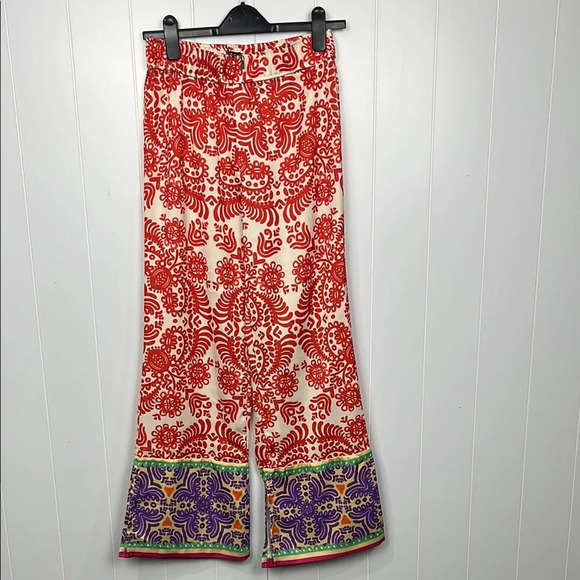 Zara Womens Pants M Gold Red Purple Wide Leg Flare Boho Stretch Waist side Vents - Picture 1 of 14